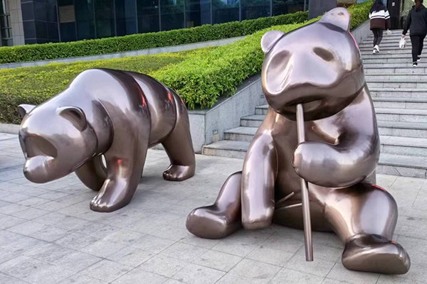 Custom Stainless Steel Bear Sculpture Set | Modern Outdoor Polished Animal Art